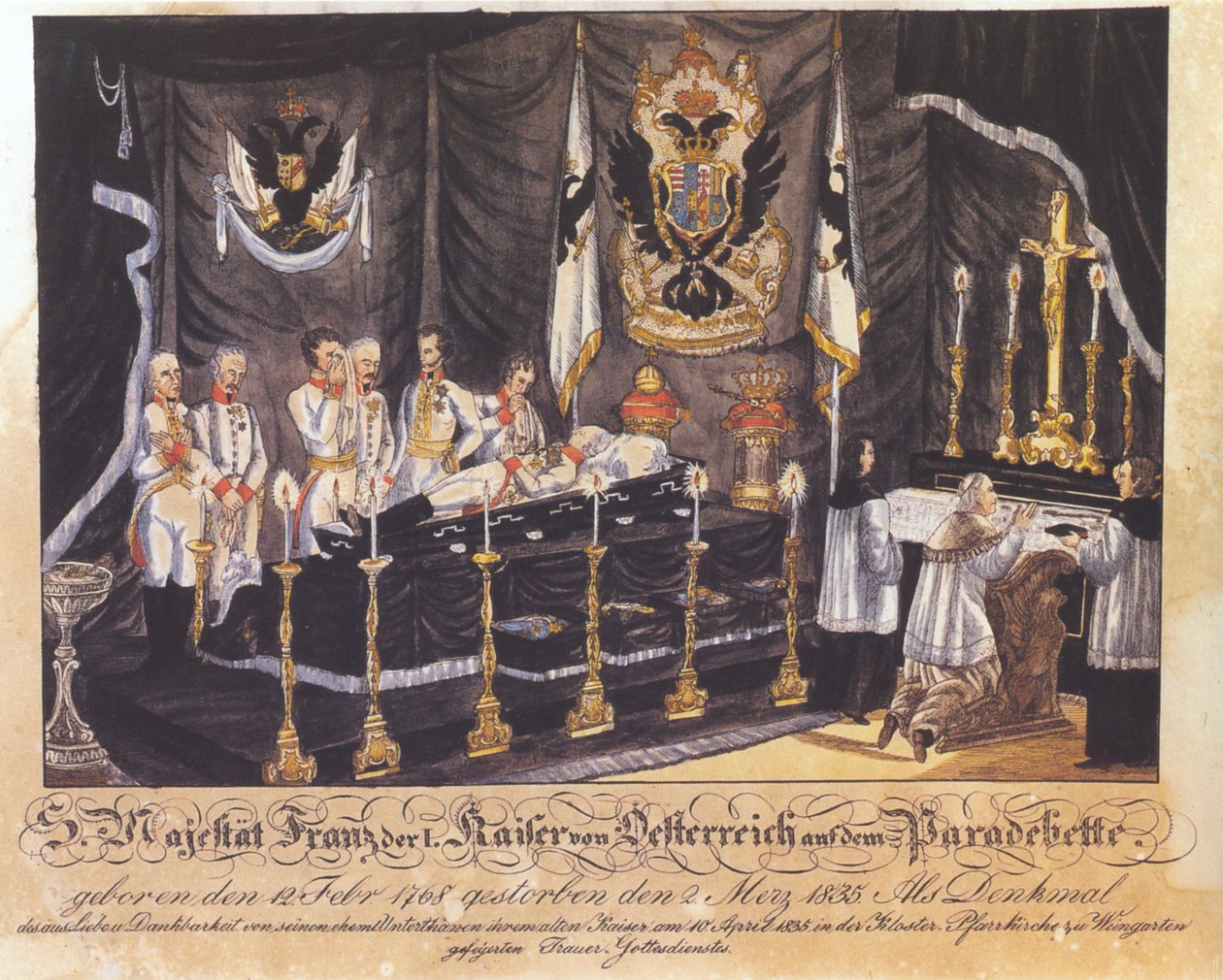 S. Majestæt Franz I, kejser af Østrig på paradesengen, farvet litografi, 1835 af Joseph Bayer