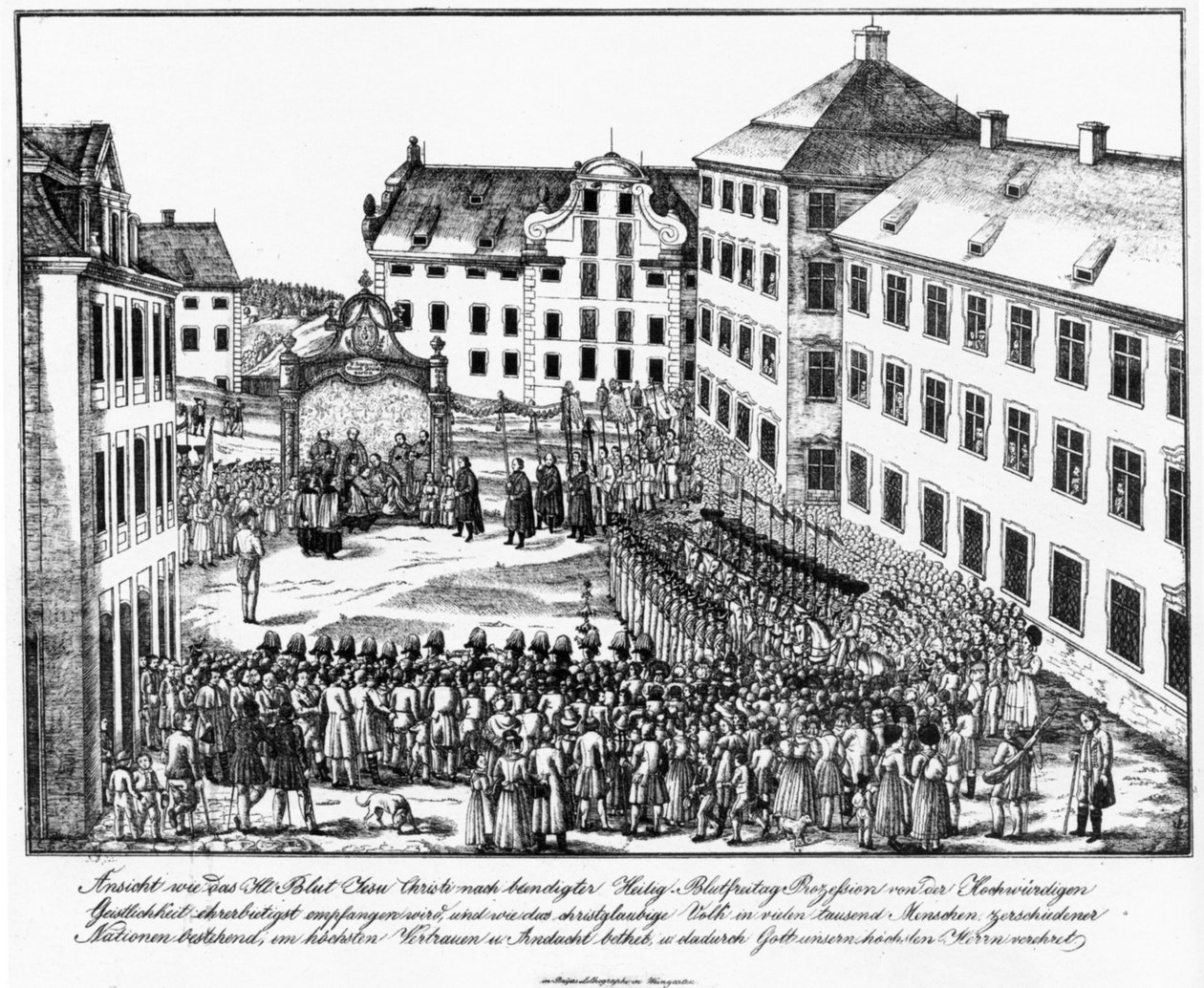 Weingarten, klostergård, modtagelse af Holy Blood Reqlique af præsterne efter Holy Blood -optoget, begyndelsen af ​​1840