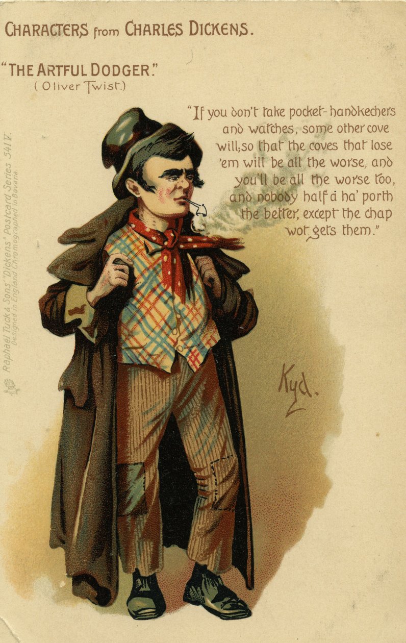 Karakterer fra Charles Dickens - The Artful Dodger fra Oliver Twist, postkort, ca. 1903 af Joseph Clayton Clarke