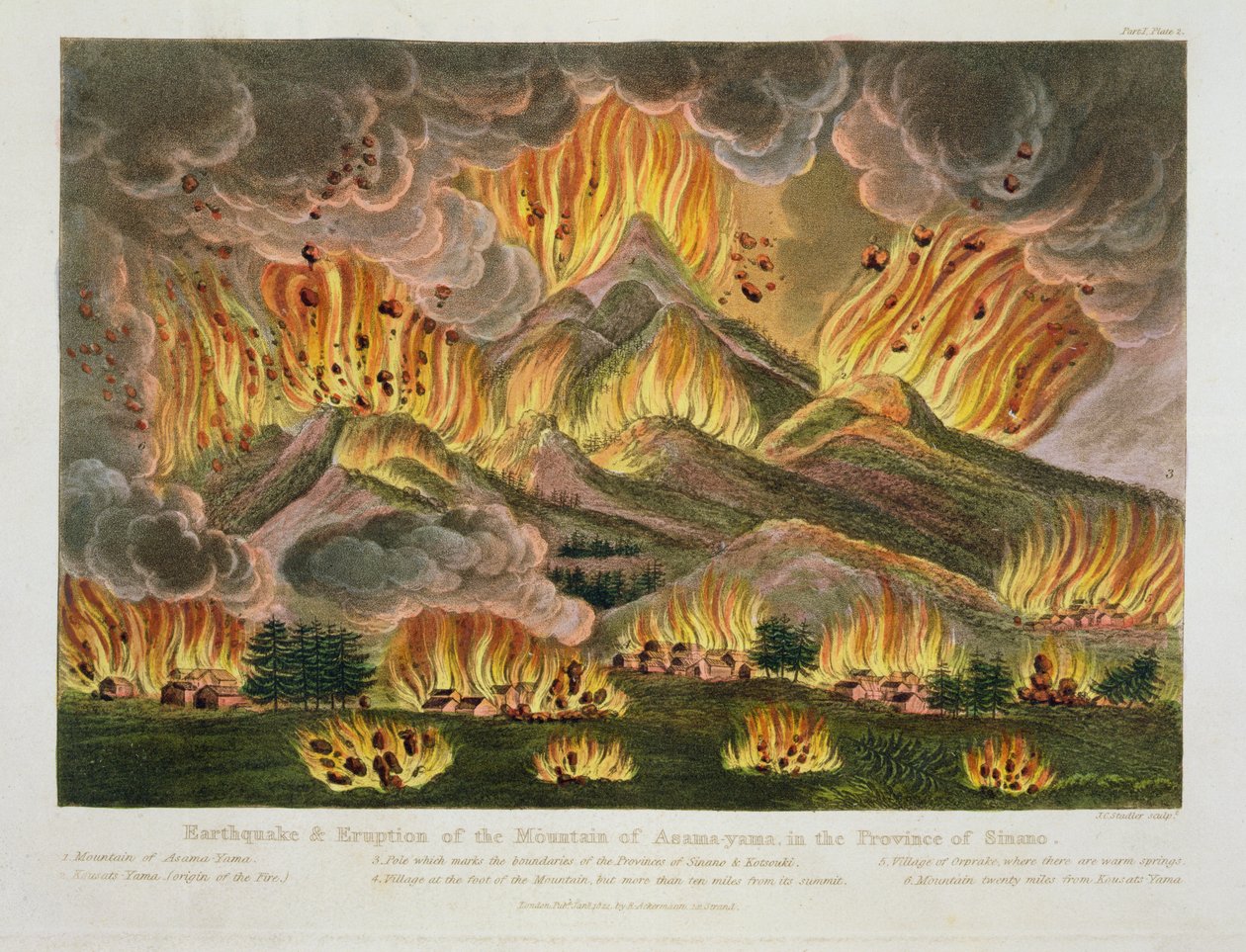 Jordskælv og udbrud af Asama-yama-bjerget i Sinano-provinsen, fra "Illustrations of Japan" af Isaac Titsingh (ca. 1740-1812), udgivet i London 1822. af Joseph Constantine Stadler