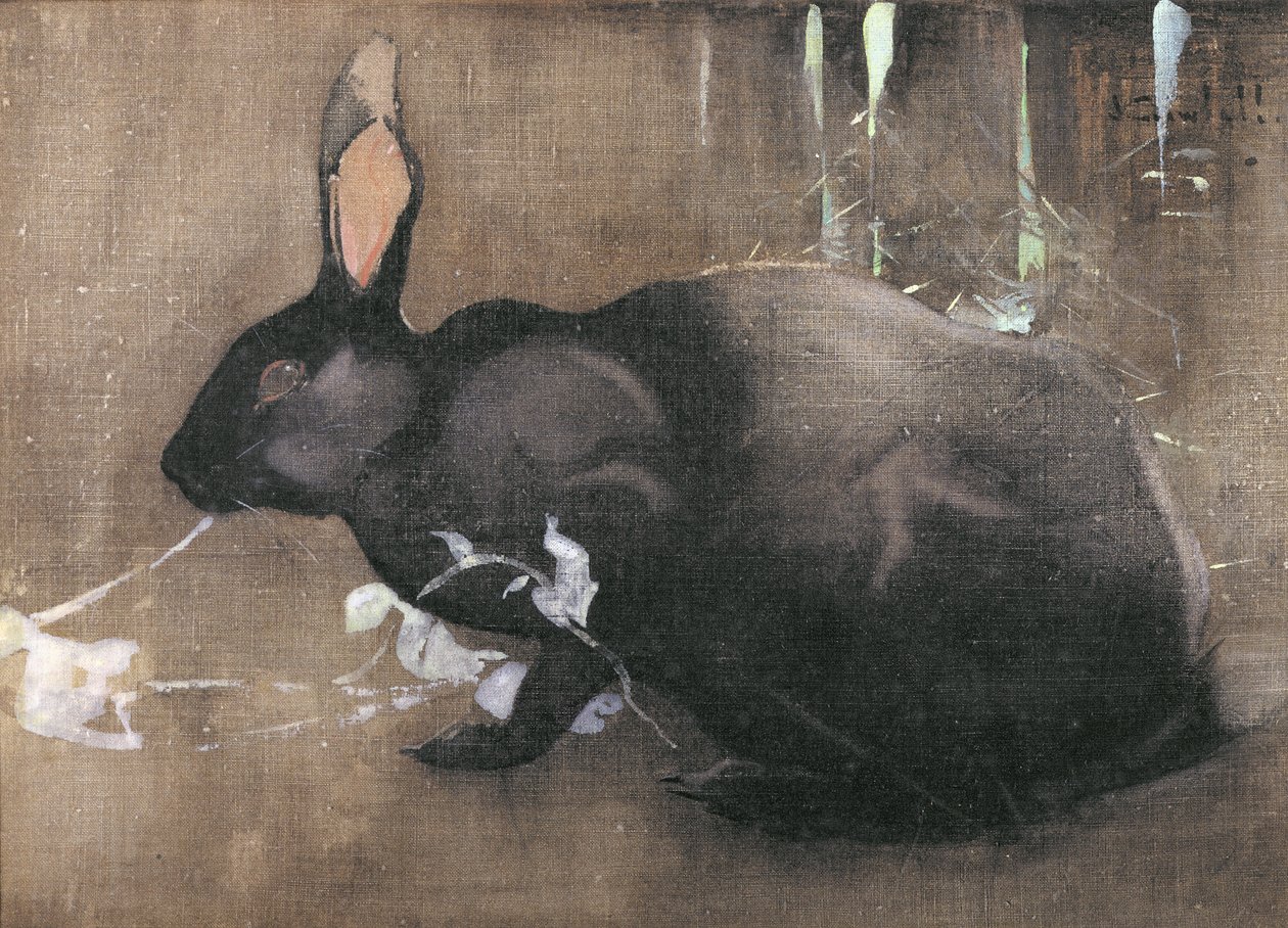 En sort kanin (kropsfarve på linned) af Joseph Crawhall
