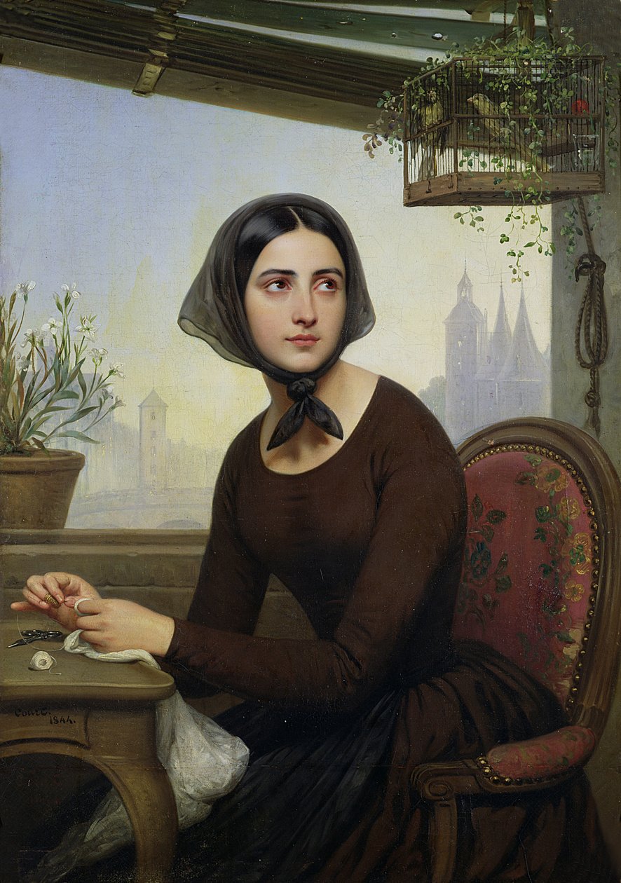 Rigolette forsøger at distrahere sig selv under Germains fravær, 1844 af Joseph Desire Court
