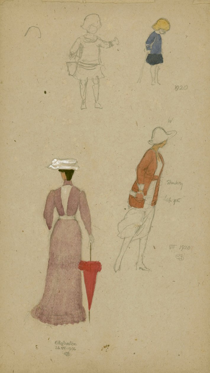 Undersøgelse af kvinder med hatte og barn (blyant & wc på papir) af Joseph Edward Southall