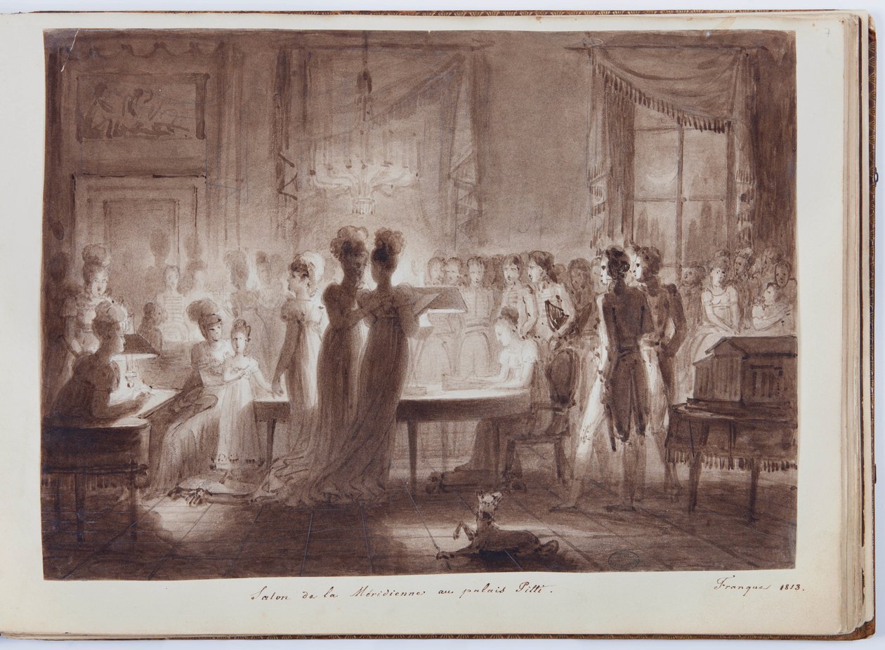 Meridiana-pavillonen i Pitti-paladset i Firenze, illustration fra Elisa Bonapartes store album, 1813 (pen og blækvask på papir) af Joseph Franque