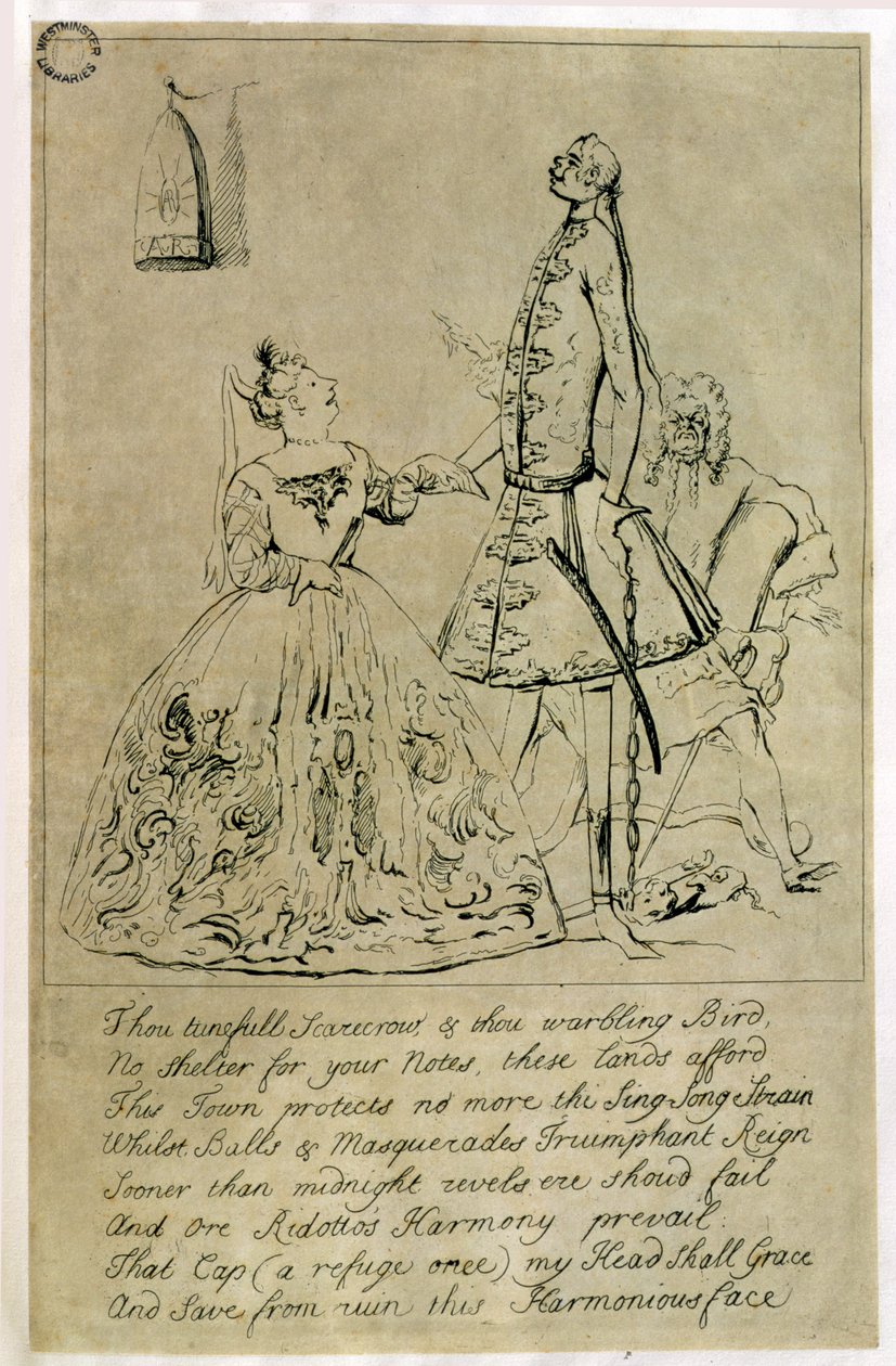 Thou Tuneful Scarecrow and Thou Warbling Bird, karikatur af Farinelli, Cuzzoni og Heidegger, siges at være ætset fra et design af grevinden af Burlington, 1730