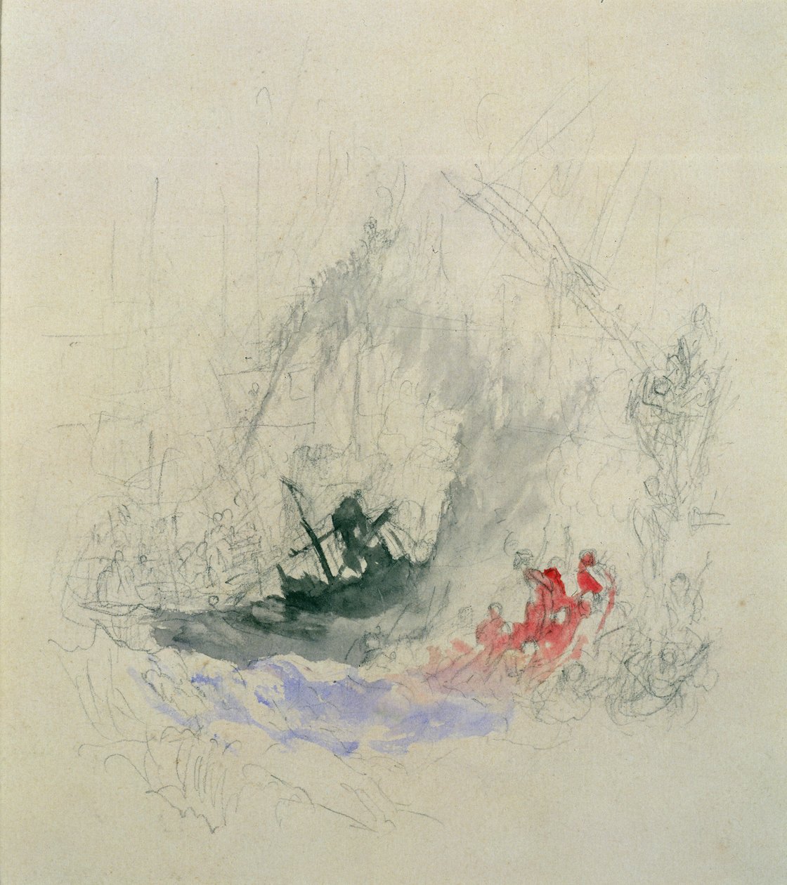 Fire at Sea, et design til en vignet, 1835 (blyant og wc på papir) af Joseph Mallord William Turner