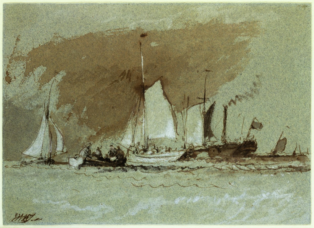 Fiskerbåde til søs, ombord på en dampbåd ud for Isle of Wight (indisk blæk forhøjet med hvidt på papir) af Joseph Mallord William Turner