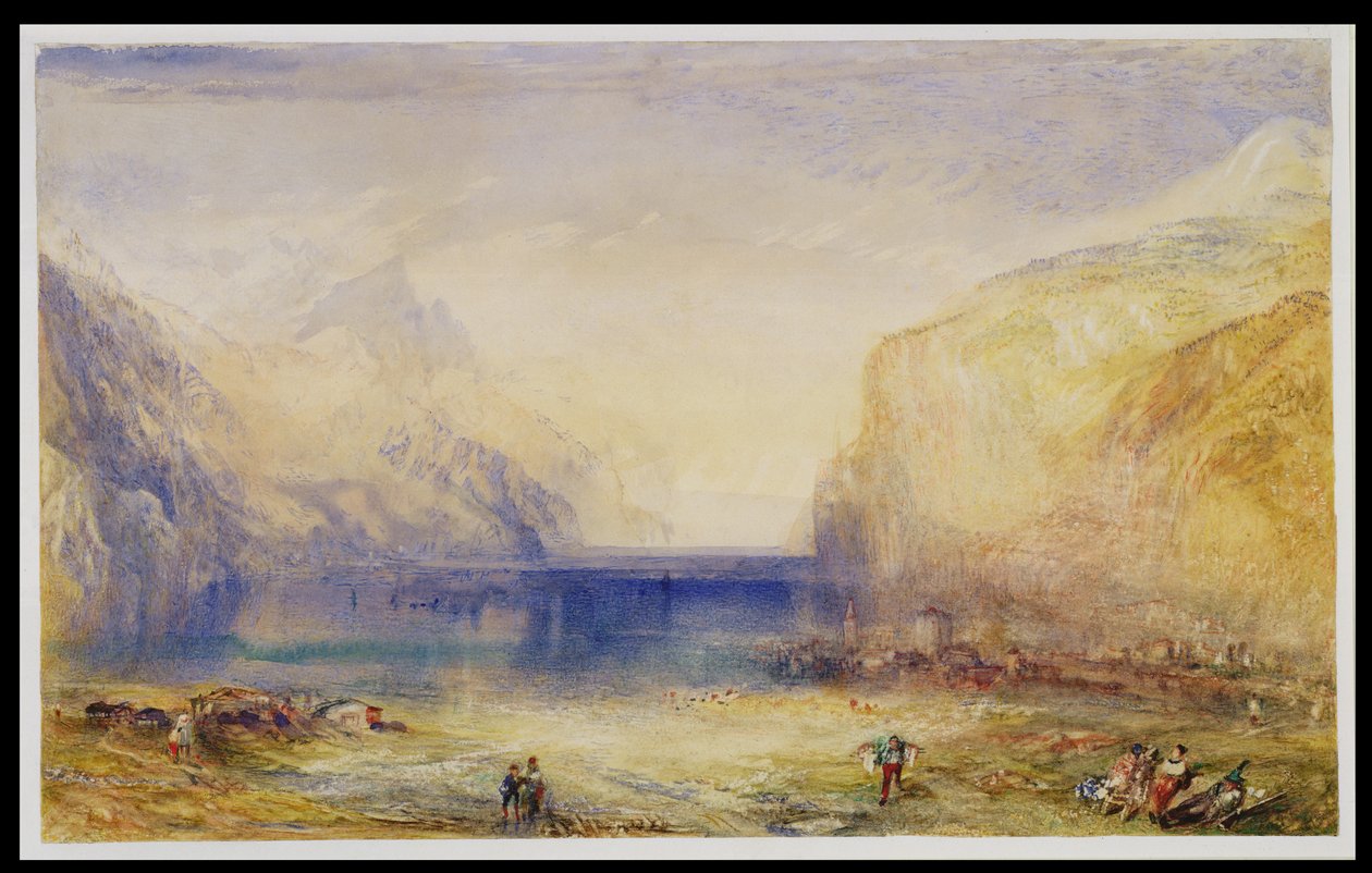 Fluelen: Morgen (kigger mod søen) 1845 (wc og gouache med ridser ud på vævet papir) af Joseph Mallord William Turner