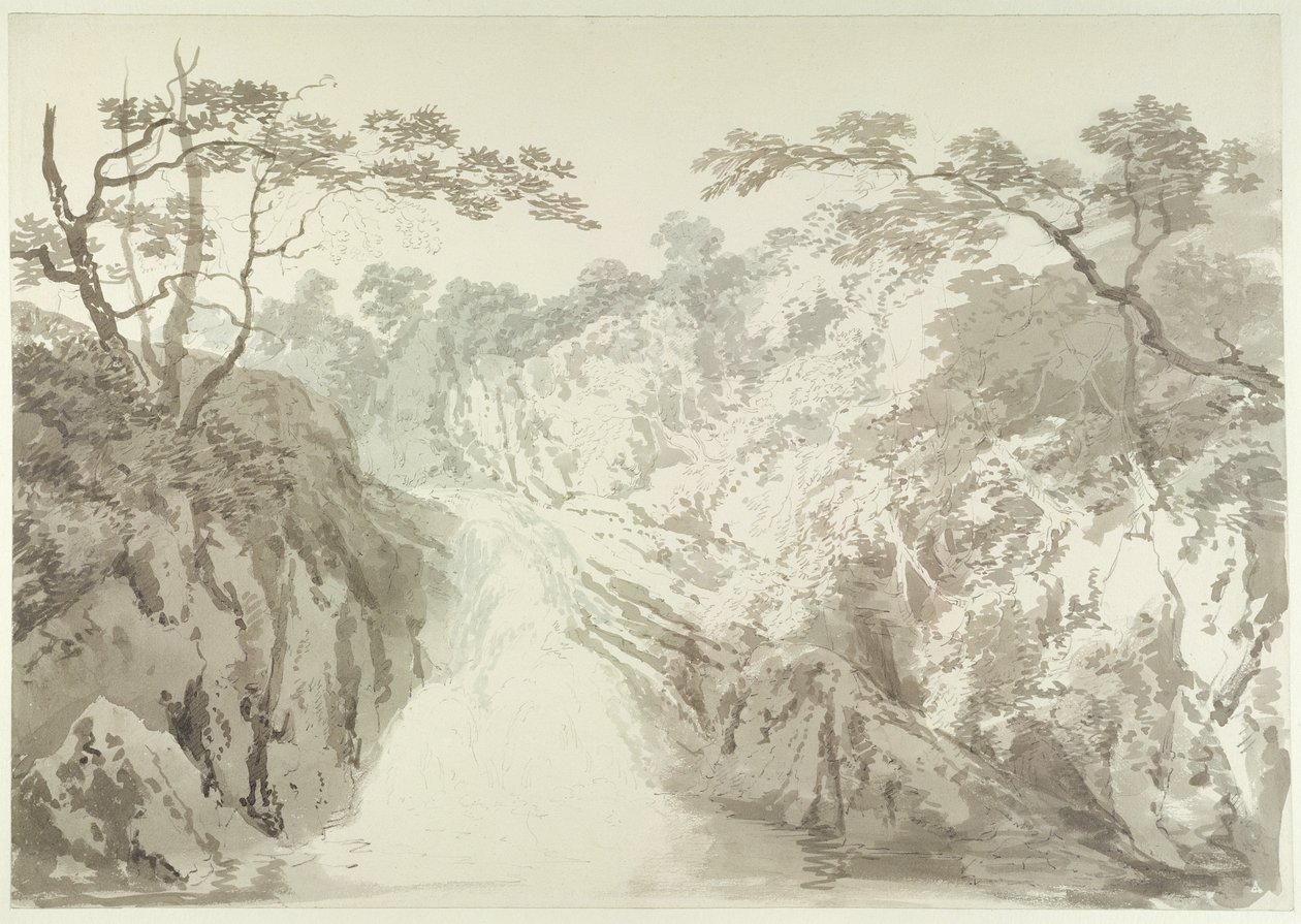 Landskab med vandfald, ca. 1796 (grafit og vask på papir) af Joseph Mallord William Turner
