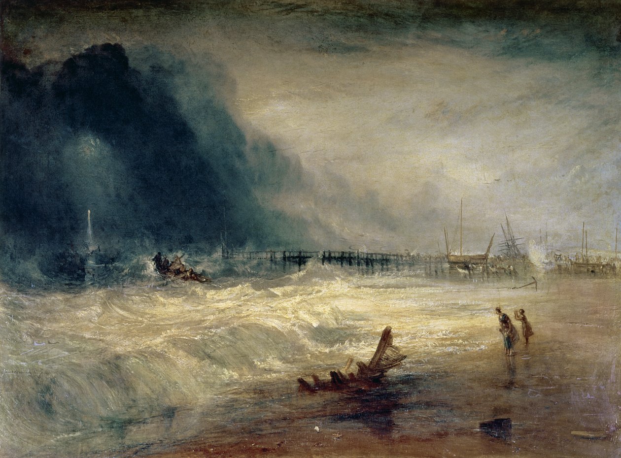 Redningsbåd og Manby Apparatus sejler til et strandet fartøj, der giver signal (blåt lys) om nød, ca. 1831 af Joseph Mallord William Turner
