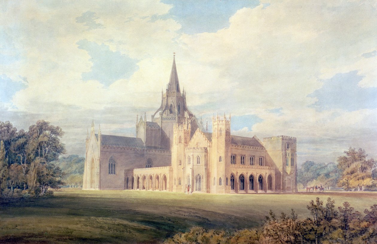 Perspektiv udsigt over Fonthill Abbey fra sydvest, ca. 1799 (wc und gouache på papir) af Joseph Mallord William Turner