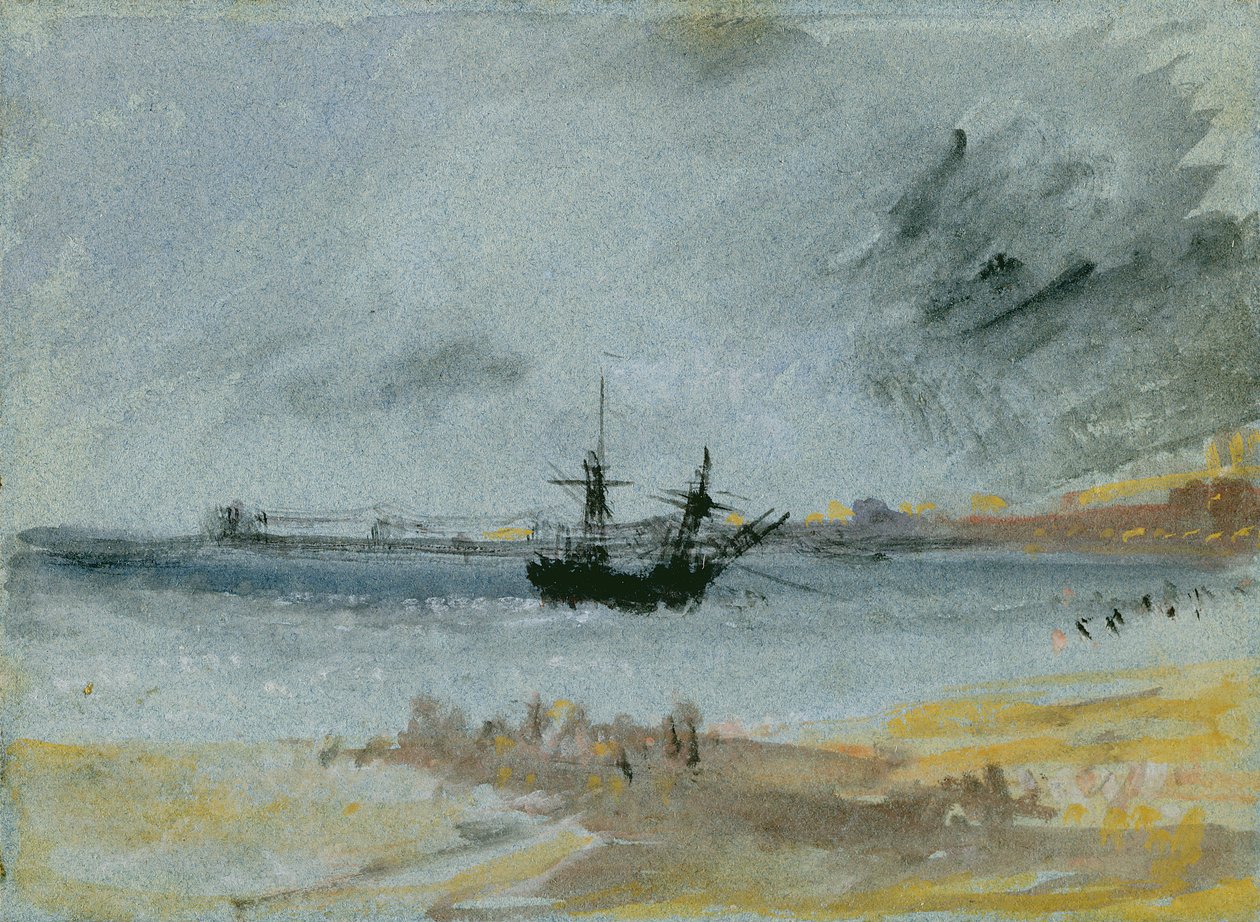 Ship Aground, Brighton, 1830 (sort blæk, wc og kropsfarve på papir) af Joseph Mallord William Turner