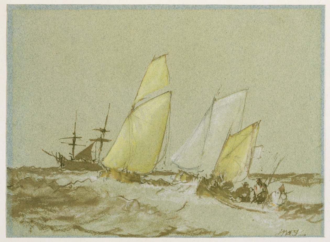 Shipping, ca.1828-30 (pen, pensel og brun tusch, bodycolour og grafit på blåt papir) af Joseph Mallord William Turner
