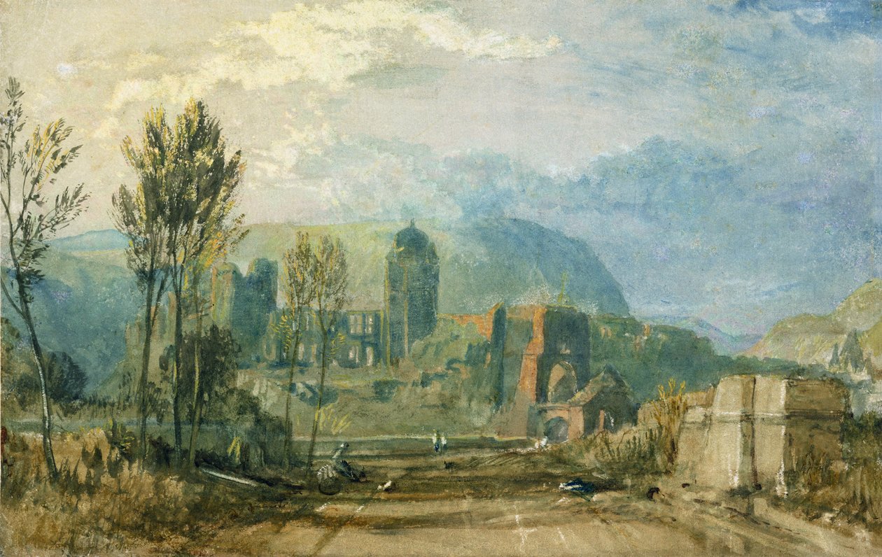Tours, Sunset: Looking Backwards, ca. 1826-30 (gouache og wc med pen og blæk over grafit på papir) af Joseph Mallord William Turner