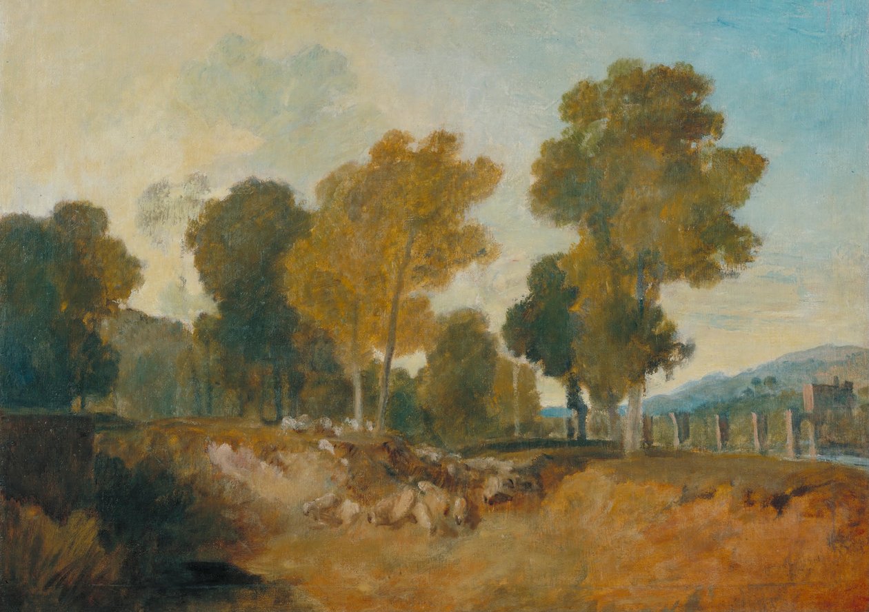 Træer ved floden, med bro i mellemdistancen af Joseph Mallord William Turner