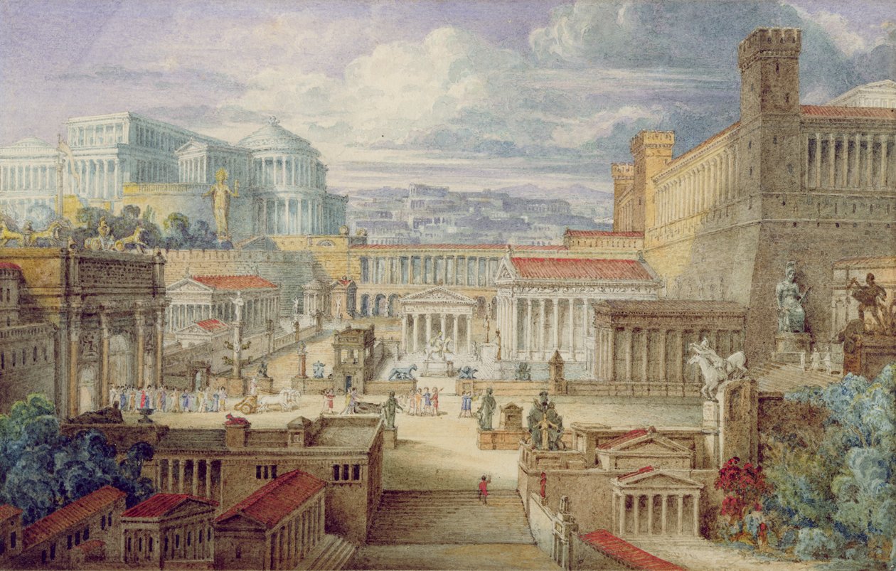 En scene i det antikke Rom, en kulisse for Titus Andronicus, 1. akt, scene 3, ca. 1830 (wc og gouache med pen og blæk på papir) af Joseph Michael Gandy