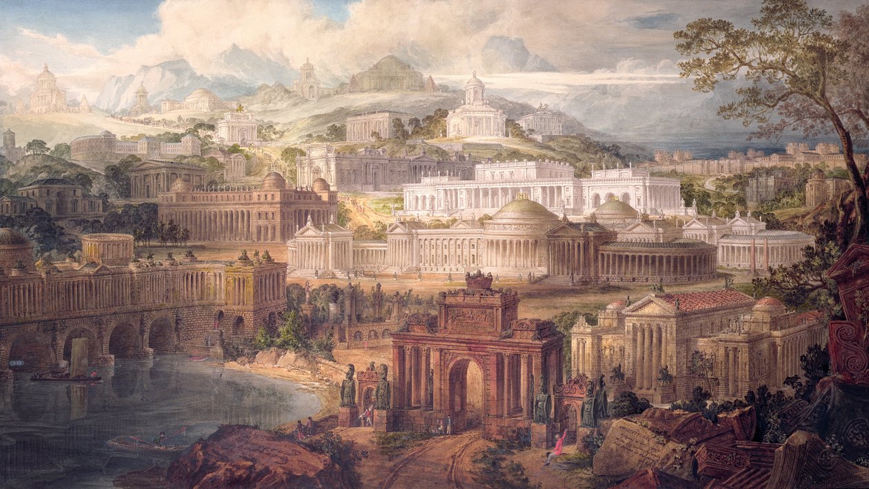 Architectural Visions of Early Fancy, in the Gay Morning of Youth, and Dreams in the Evening of Life, 1820 (pen og blæk og wc på papir) af Joseph Michael Gandy