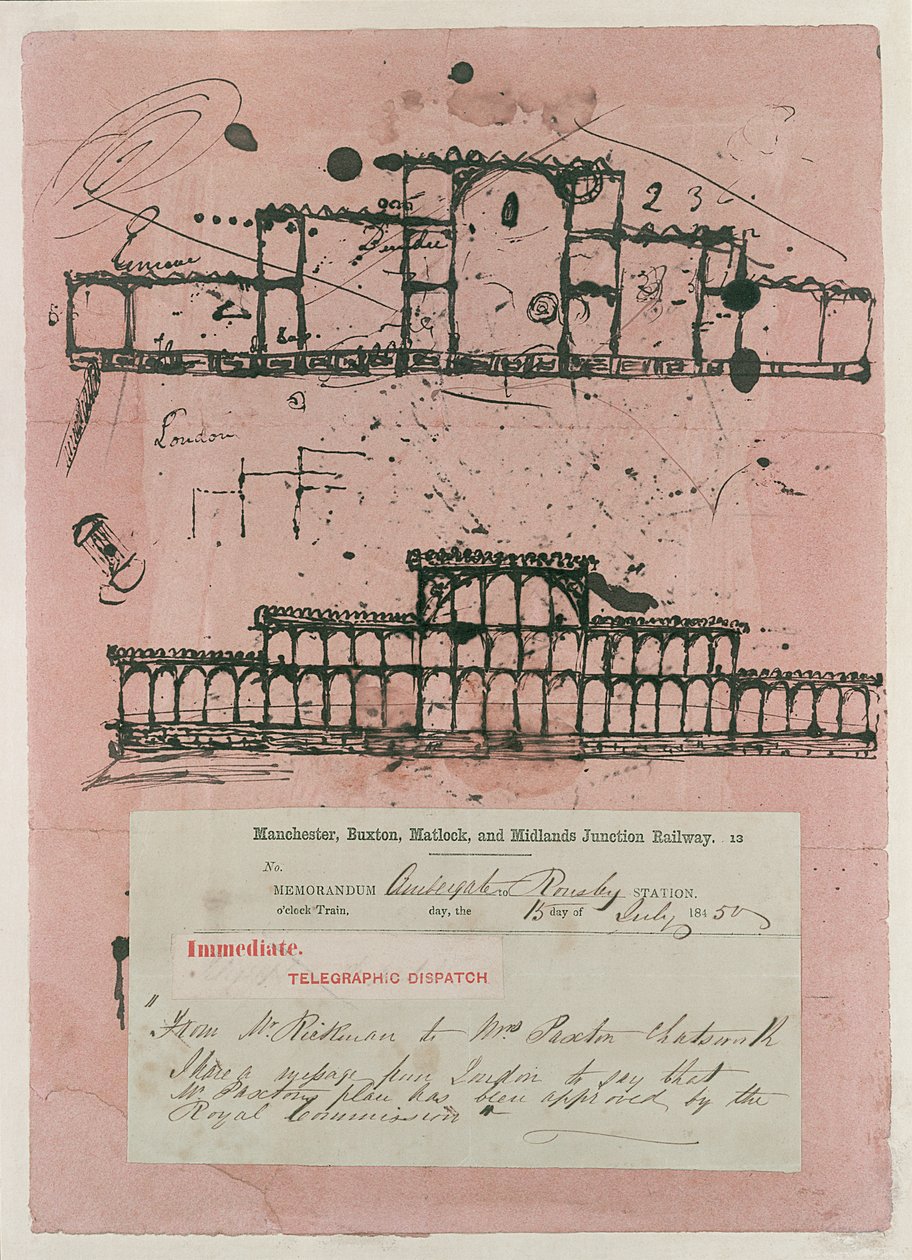 Den store udstilling, 1851: første skitse til bygningen, 1850 (blæk på skrivepapir) af Joseph Paxton