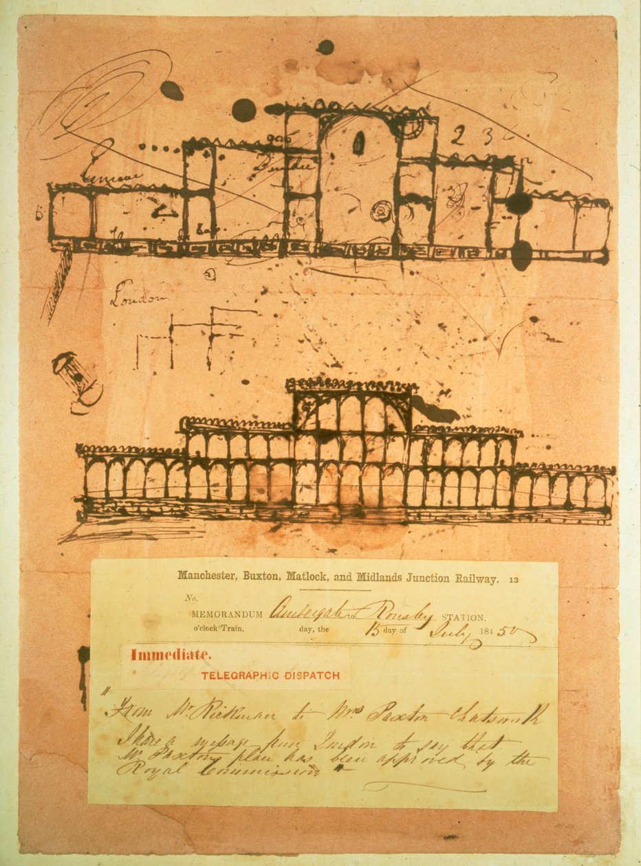 Skitse til Crystal Palace, bygget til den store udstilling i 1851, 1850 (blæk på skrivepapir) af Joseph Paxton
