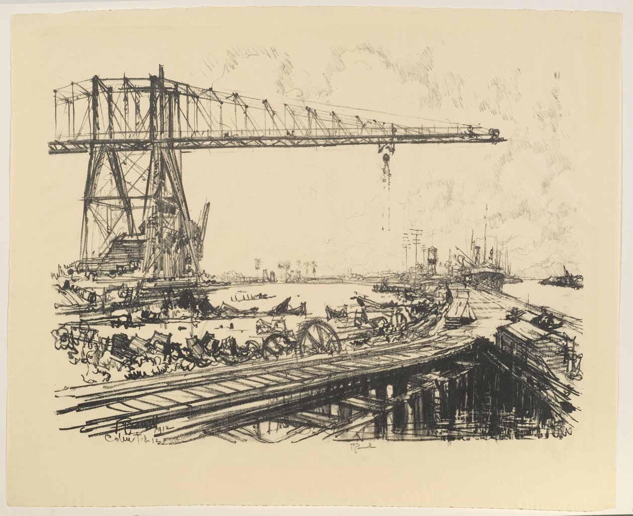 Panama - Fransk kanal og amerikanske traner, 1912 (litho på papir) af Joseph Pennell