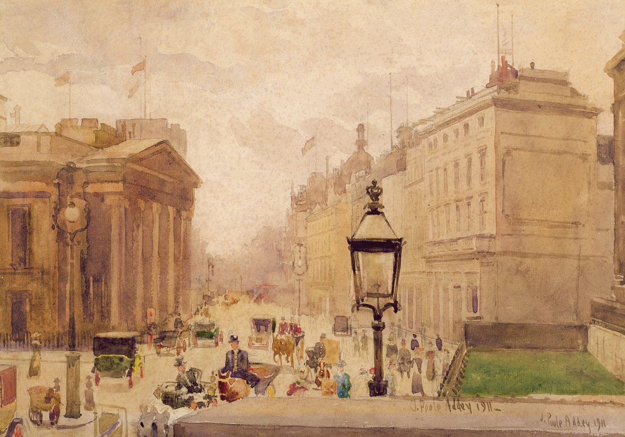 Pall Mall fra National Gallery, med udsigt til Royal College of Physicians, 1911 (wc over blyant på papir) af Joseph Poole Addey