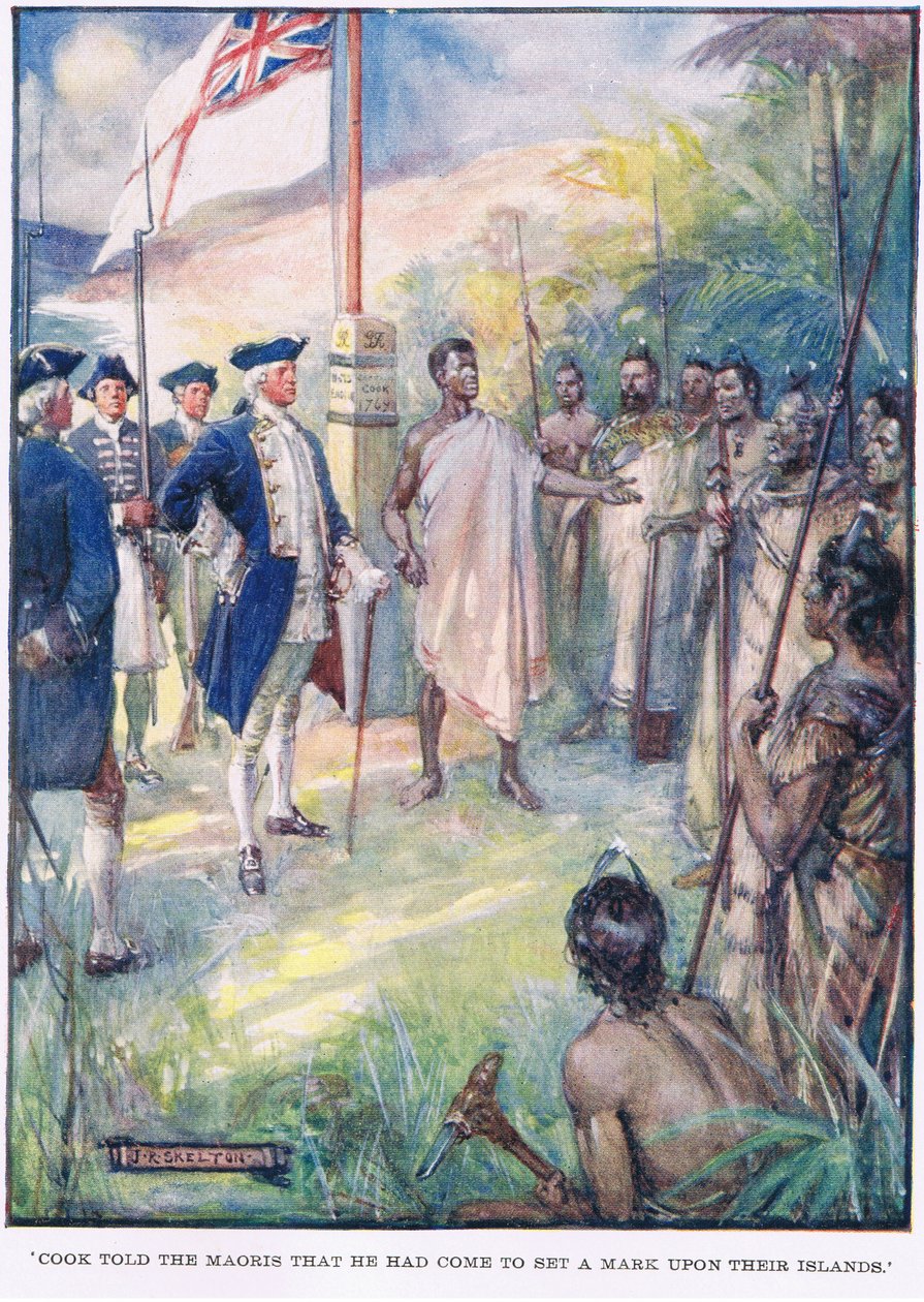 Cook fortalte maorierne, at han var kommet for at sætte et mærke på deres øer af Joseph Ratcliffe Skelton