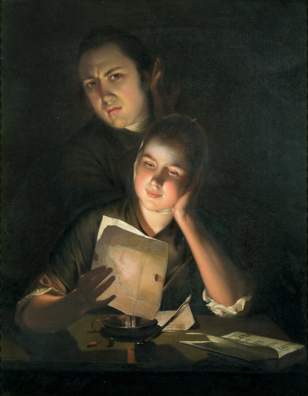 En pige, der læser et brev ved levende lys, med en ung mand, der kigger over hendes skulder, ca. 1760-2 af Joseph Wright of Derby