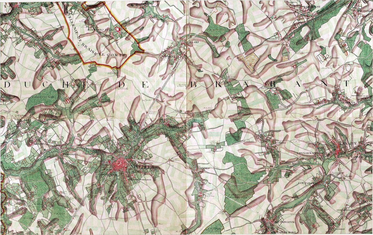 Kort over Nivelles, Belgien af Joseph de Ferraris