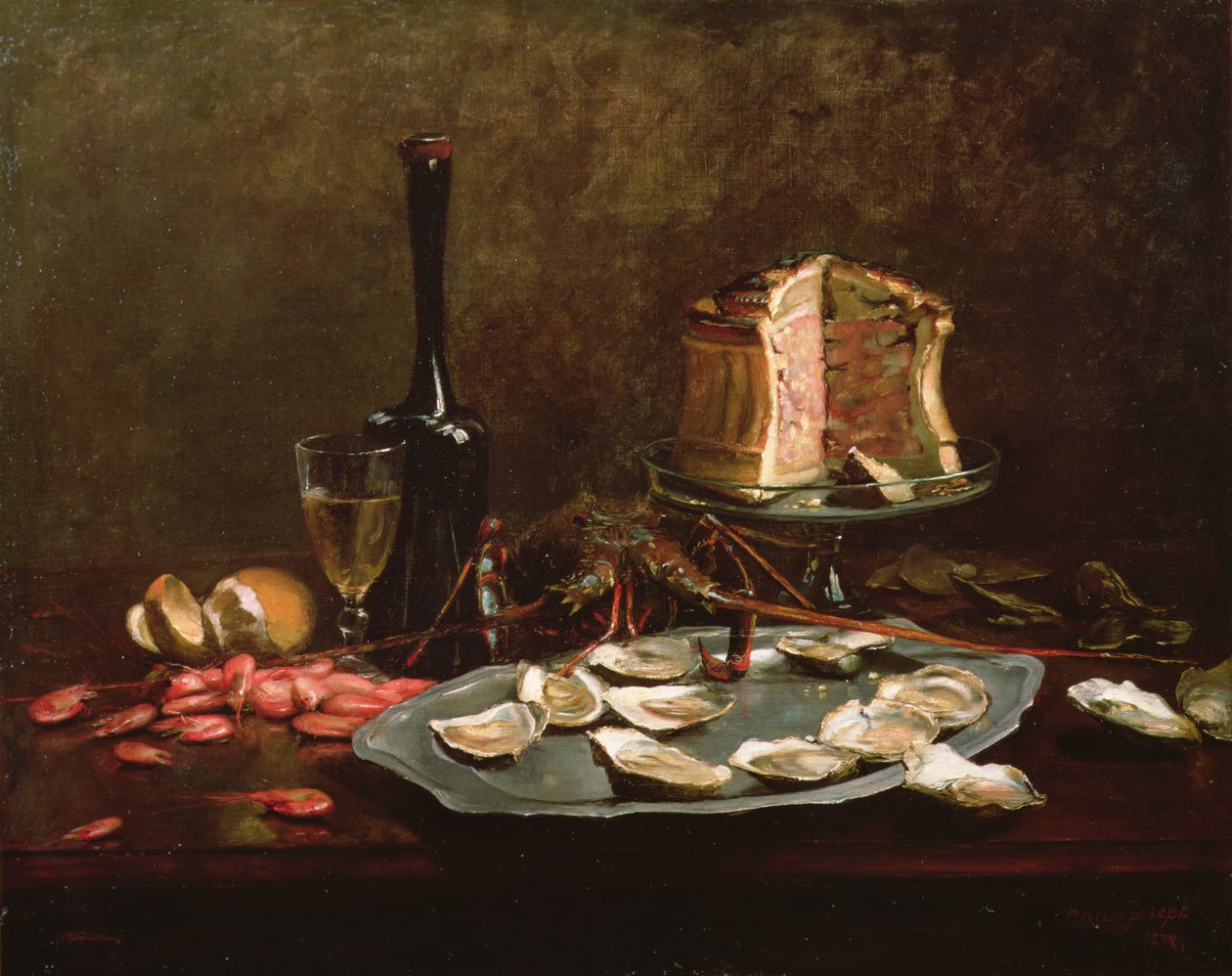 Stilleben med fisk og skaldyr (olie på lærred) af Joseph Bail