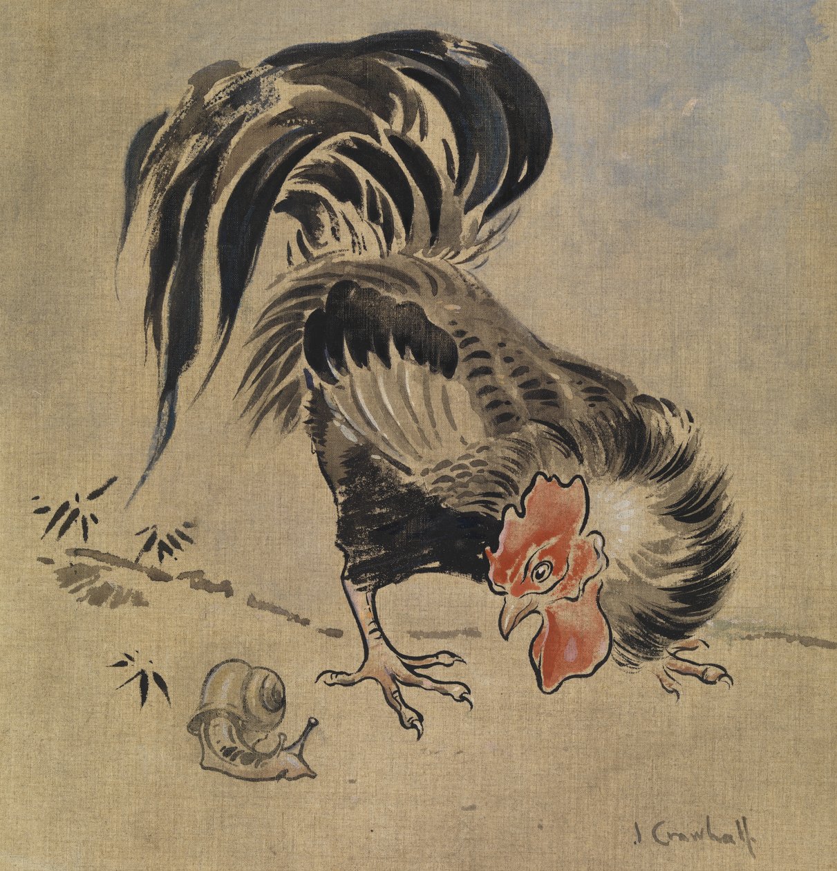 Spansk hane og snegl (gouache på linned) af Joseph Crawhall