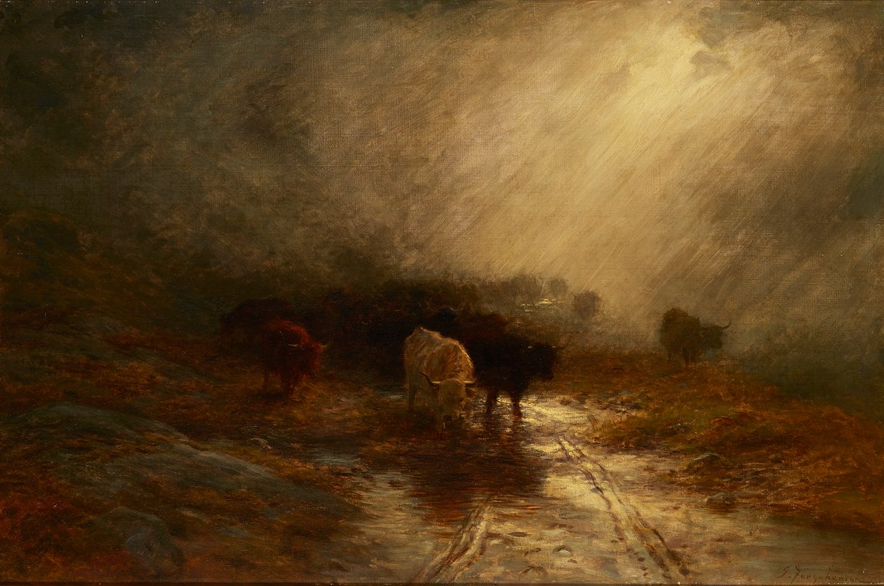 Cattle In the Mist (olie på lærred) af Joseph Farquharson