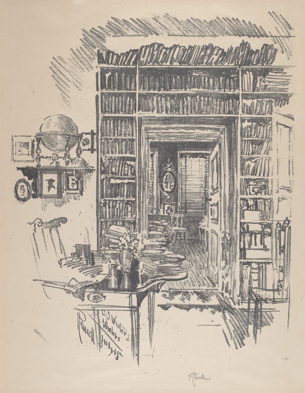 Bogværelse hos Dr. Wister, 1912. af Joseph Pennell