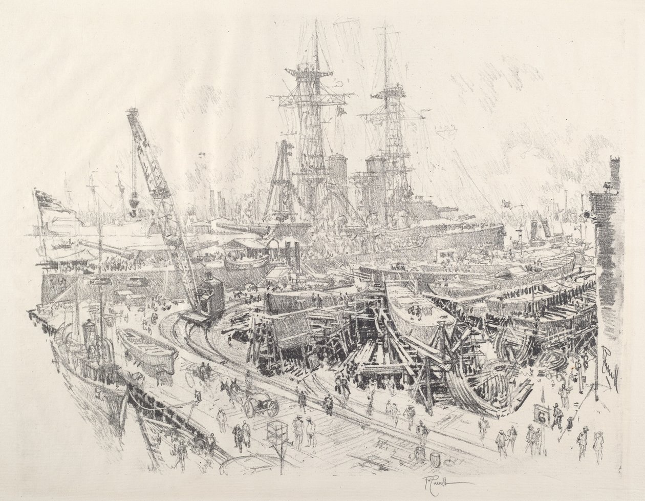 Bygning af ubådsjagere, 1917. af Joseph Pennell