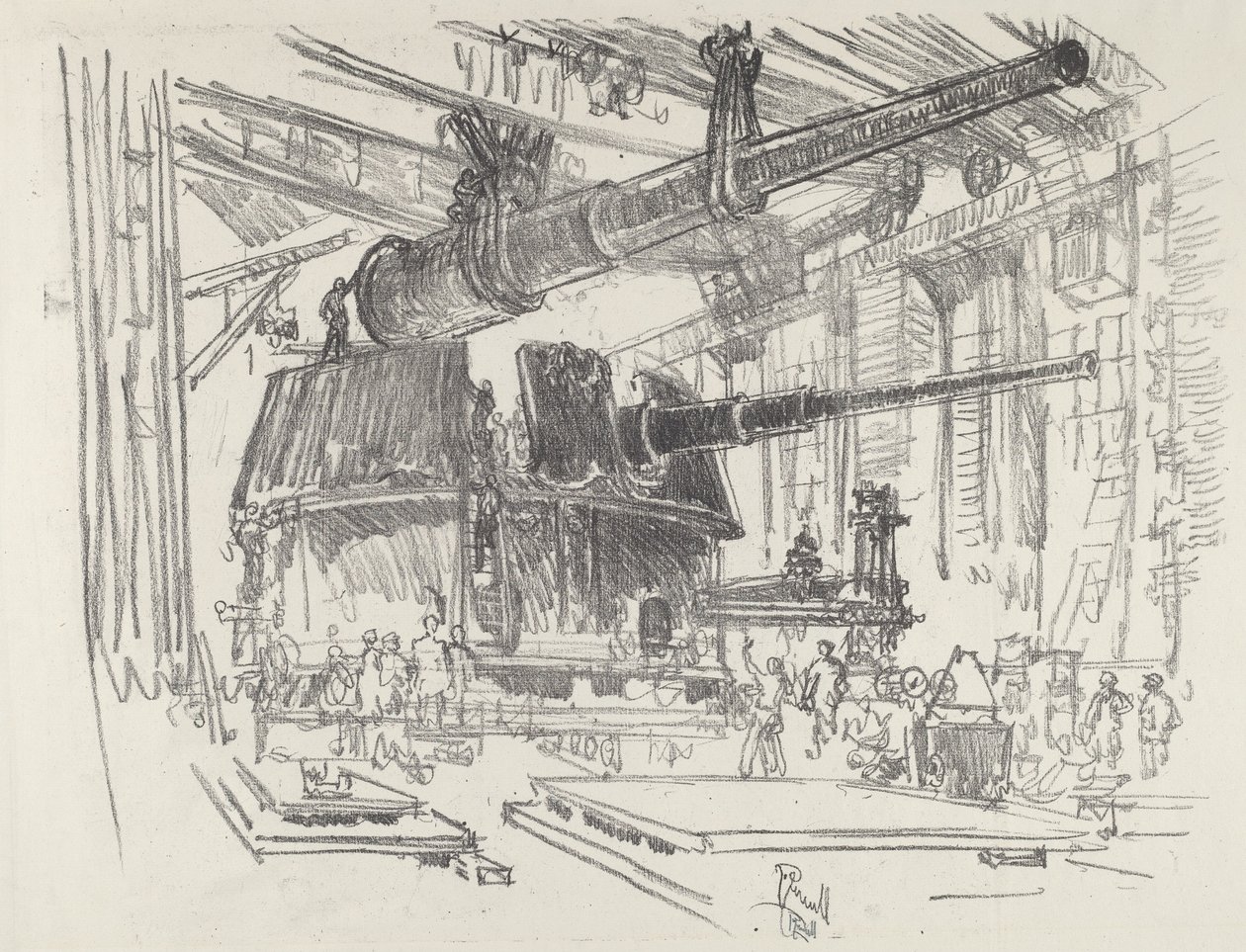 Montering af våben i tårne, 1916. af Joseph Pennell