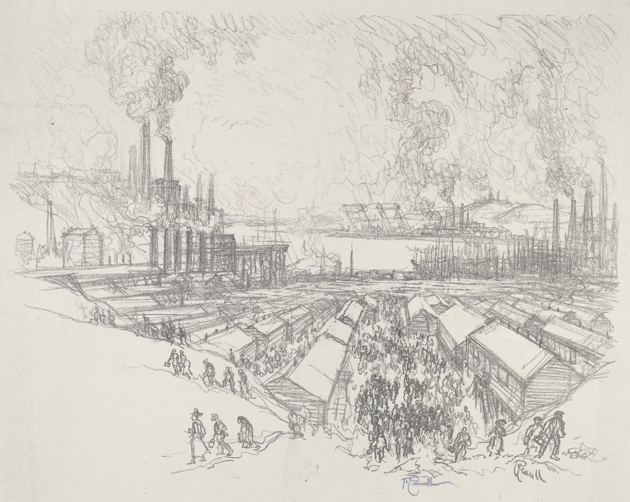 Klokken fem, 1916. af Joseph Pennell