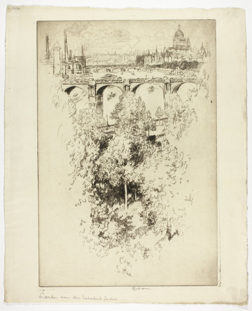Over Waterloo Bridge, kirke og arbejde af Joseph Pennell
