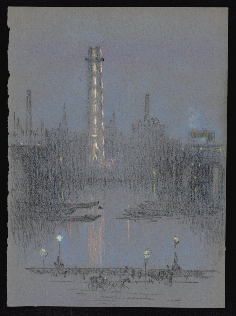 Skudtårn med natlys, fra Embankment af Joseph Pennell