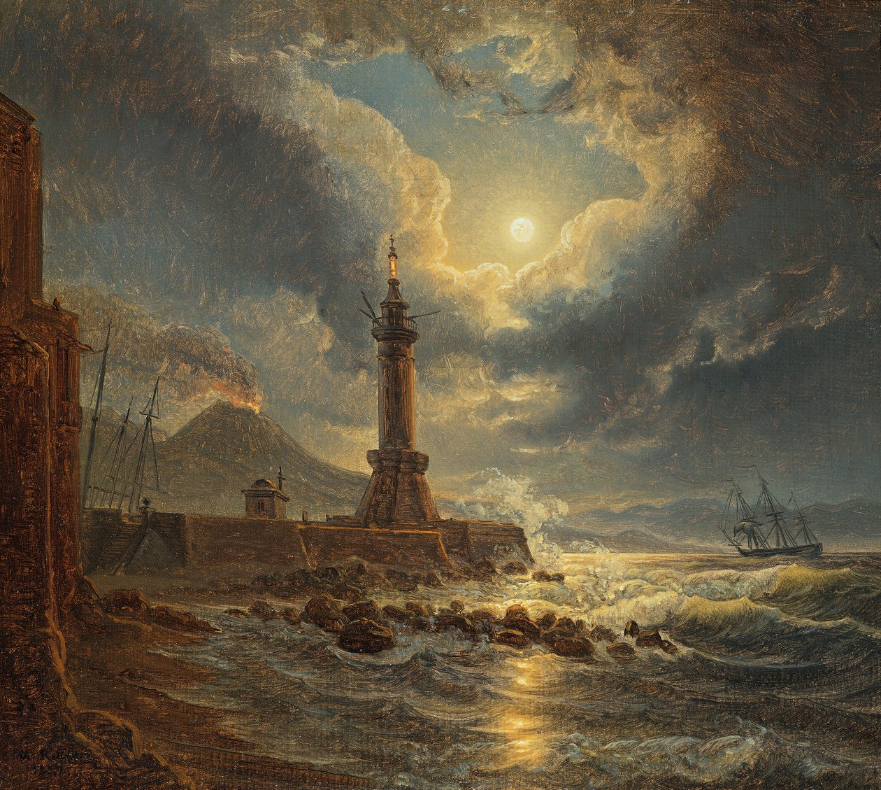 Fyrtårn i havnen i Napoli ved måneskin af Joseph Rebell