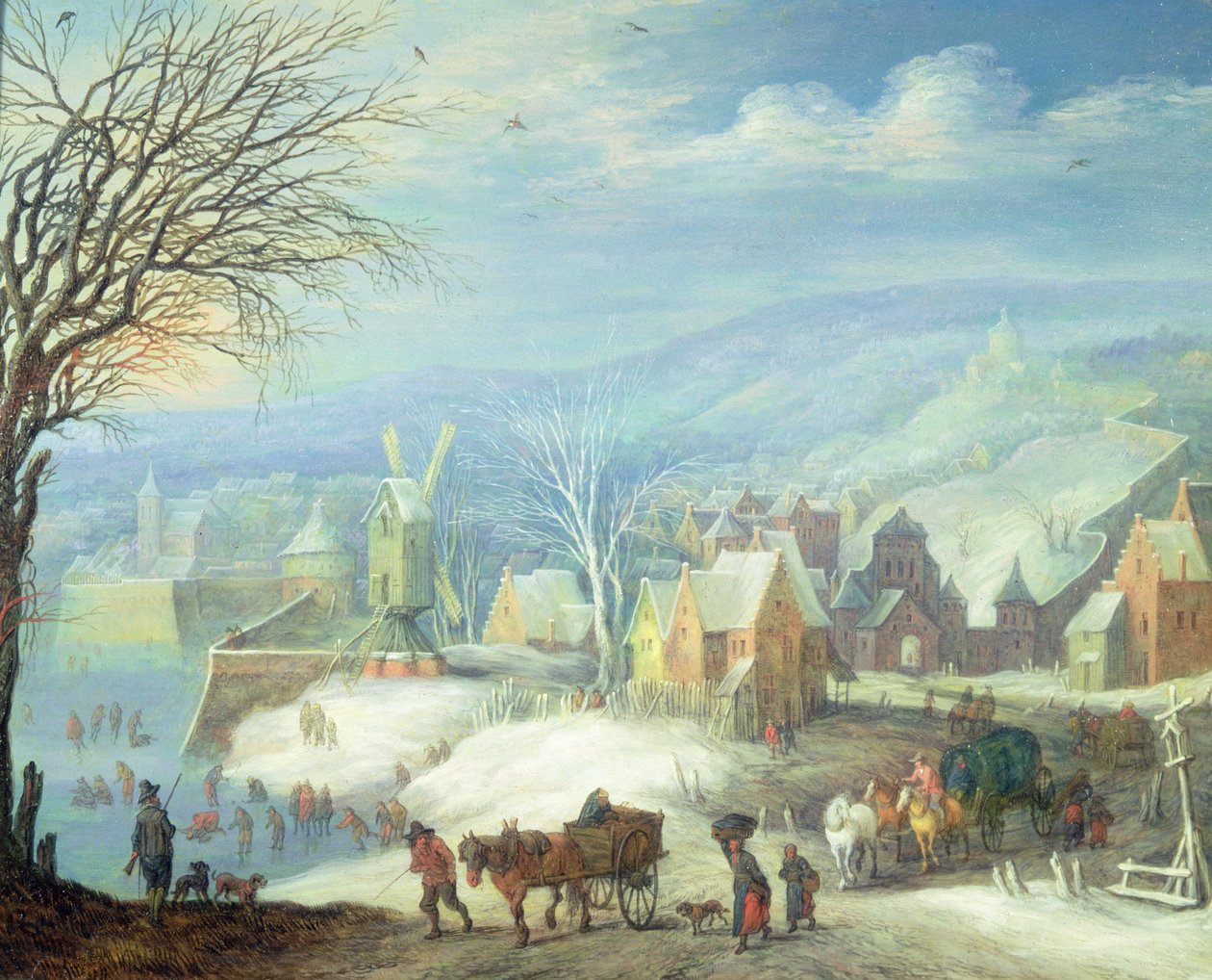 Vinterlandskab med talrige figurer (panel) af Joseph van Bredael