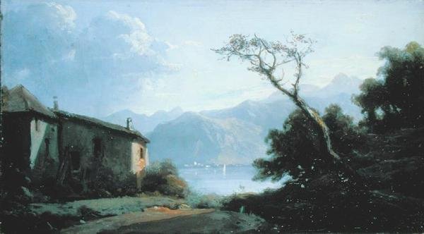 Lake Scene i Frankrig (olie på lærred) af Josephine Bowes