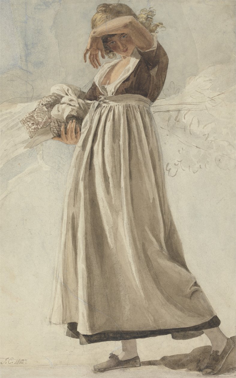 En bondepige skygger for øjnene, 1812 (wc over grafit på papir) af Joshua Cristall