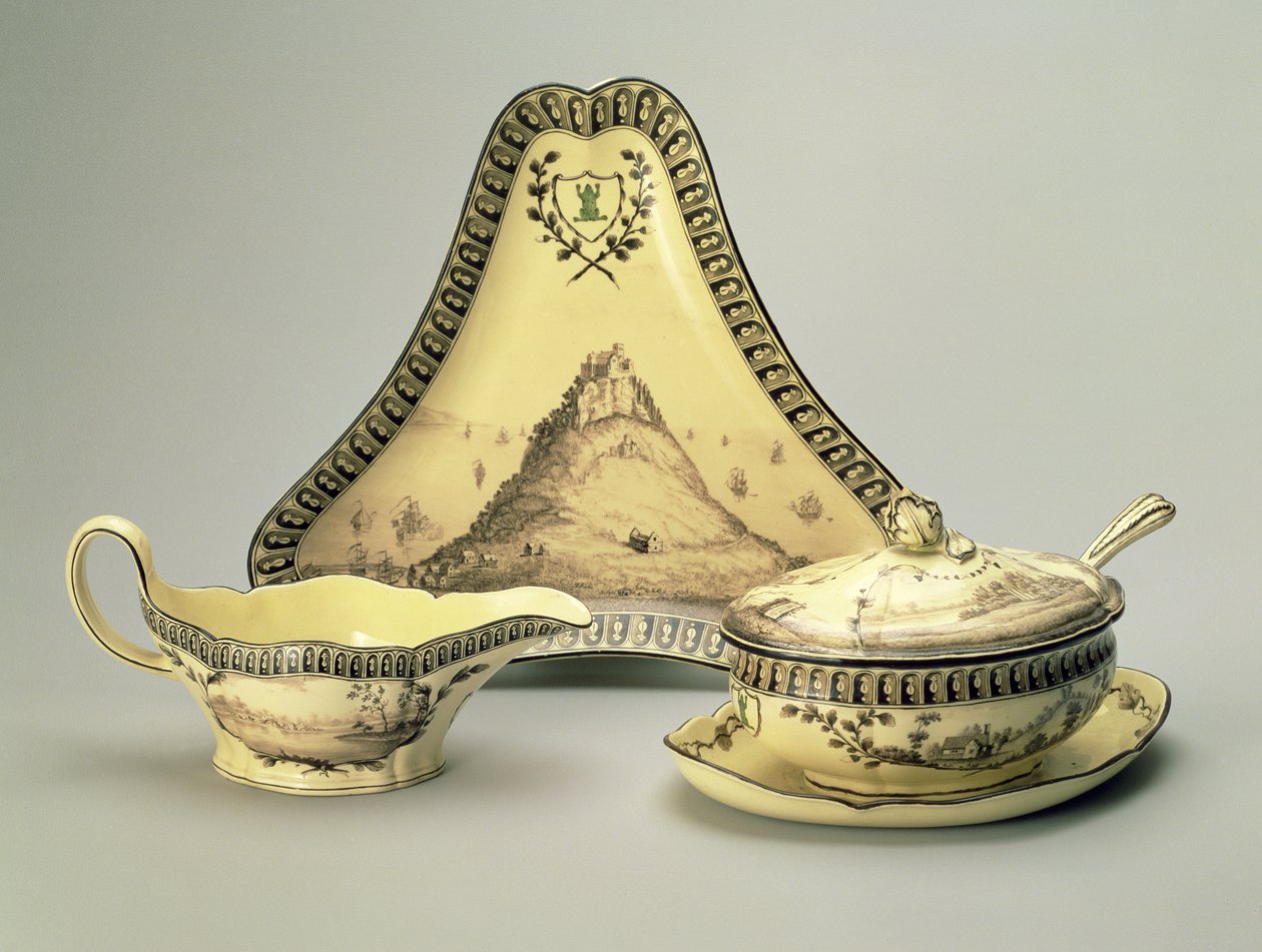 Skål og ske med låg, trekantet fad og sovsekande, fra "Green Frog"-service til Etruria-fabrikken, Staffordshire, 1773-74 (flødevarer) af Josiah Wedgwood