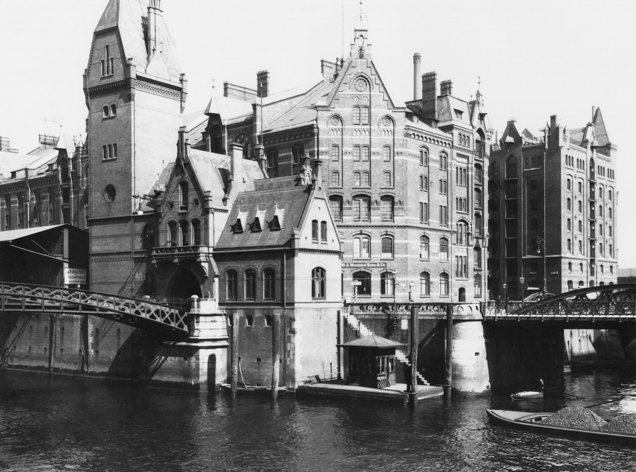Udsigt over Speicherstadt (lagerbyen) Hamborg, ca. 1910 af Jousset