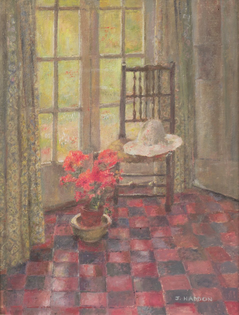 Interiør med geranium af Joyce Haddon