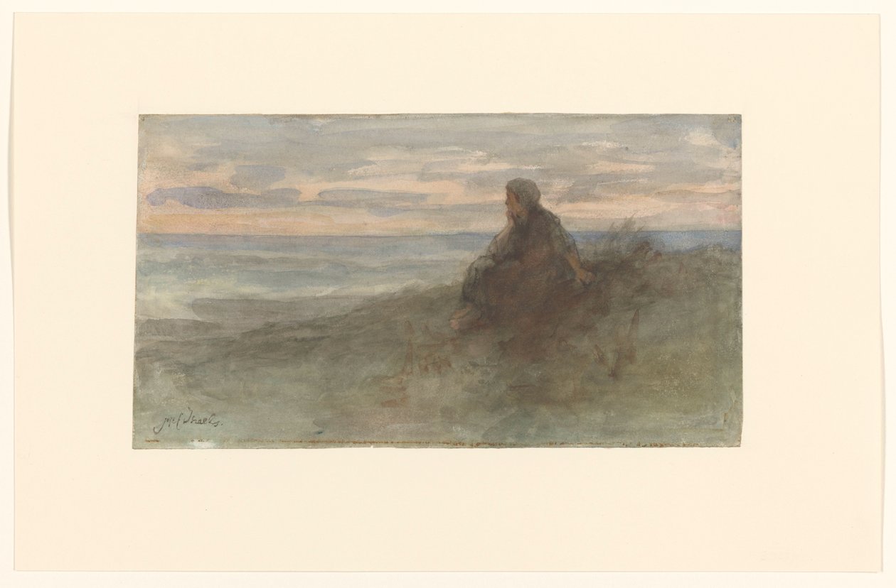 Kvinde sidder på en klit ved havet af Jozef Israëls