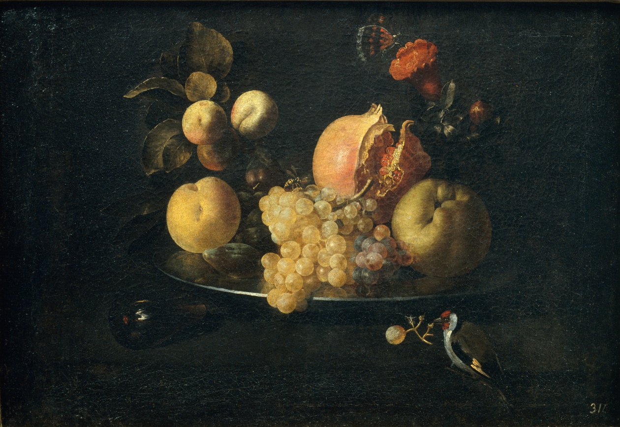 Stilleben med frugt og guldfinke af Juan de Zurbaran