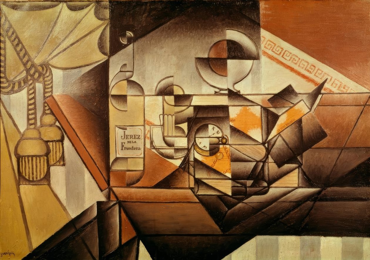 Komposition med ur. (Ur og flaske Jerez) af Juan Gris