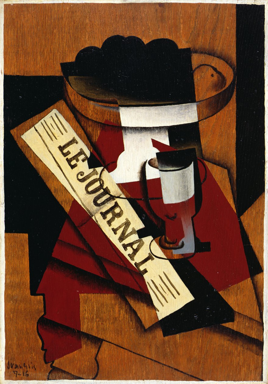 Frugtfad, glas og avis, 1916 af Juan Gris