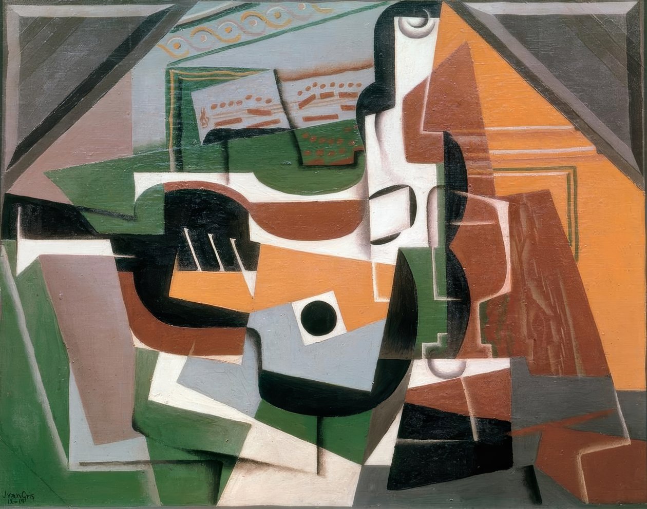 Guitar, flaske og glas af Juan Gris