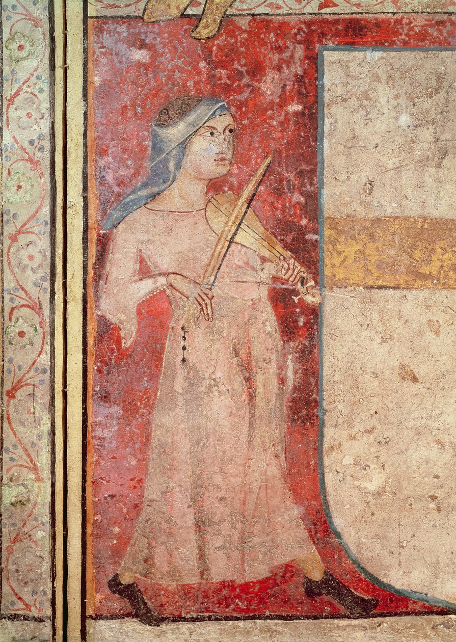 De kvindelige helgener ved graven og opstandelsen, detalje af rebec-spilleren, 1330 af Juan Oliver
